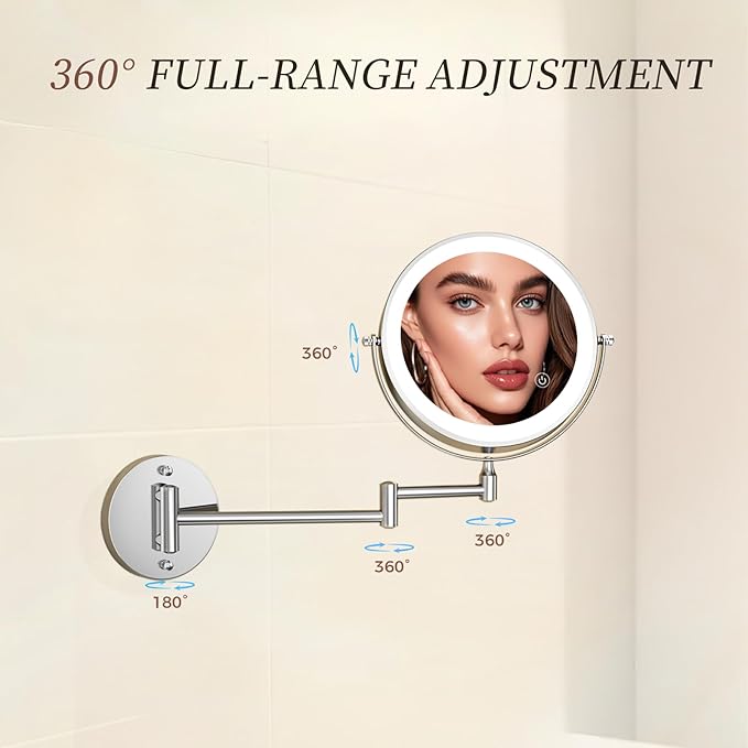 Rocollos Rechargeable Wall Mounted Lighted Makeup Mirror Chrome, 8 Inch Double-Sided LED Vanity Mirror 1X/10X Magnification,3 Color Lights Touch Screen Dimmable 360°Swivel 13 Inch Extendable