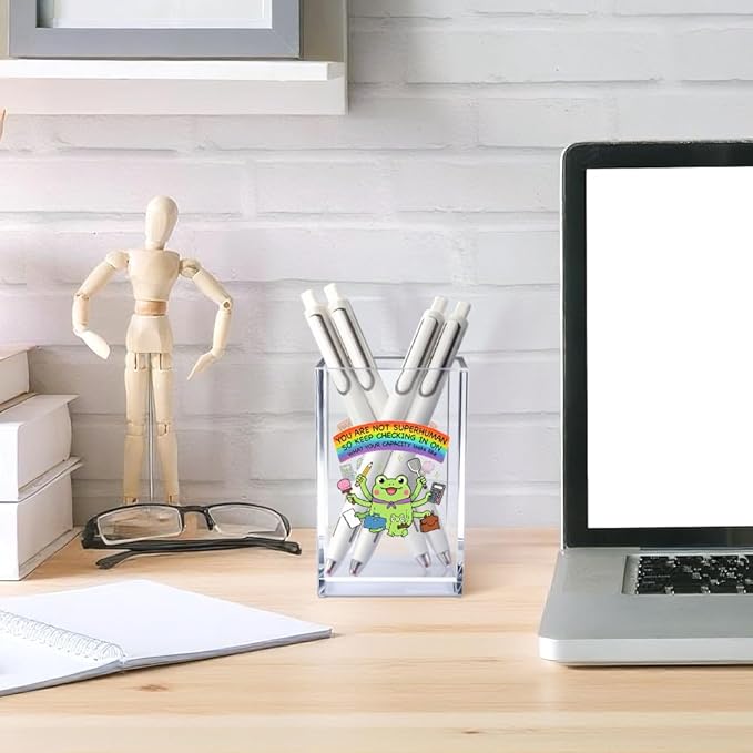 You Are Not Superhuman Acrylic Cosmetic Pencil Pen Holder Cup, Boho Cute Frog Desk Organizer Accessory for Home Office Decor, Frog Lovers Gifts, Funny Sarcastic Work Gifts for Women Men Coworker