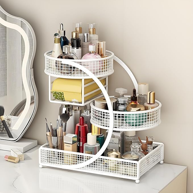 Growsun 3-Tier Varnished Metal Cosmetic Organizer with Tissue Box Holder (White-1)