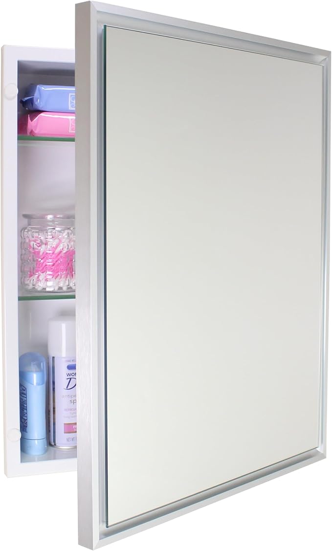 Fox Hollow Furnishings 16x20 Parker Metro Metal Framed Rectangle Recessed Bathroom Medicine Cabinet, Floating Mirror, 14x18 in-Wall Opening, Adjustable Glass Shelves, Magnet Close, Brushed Nickel