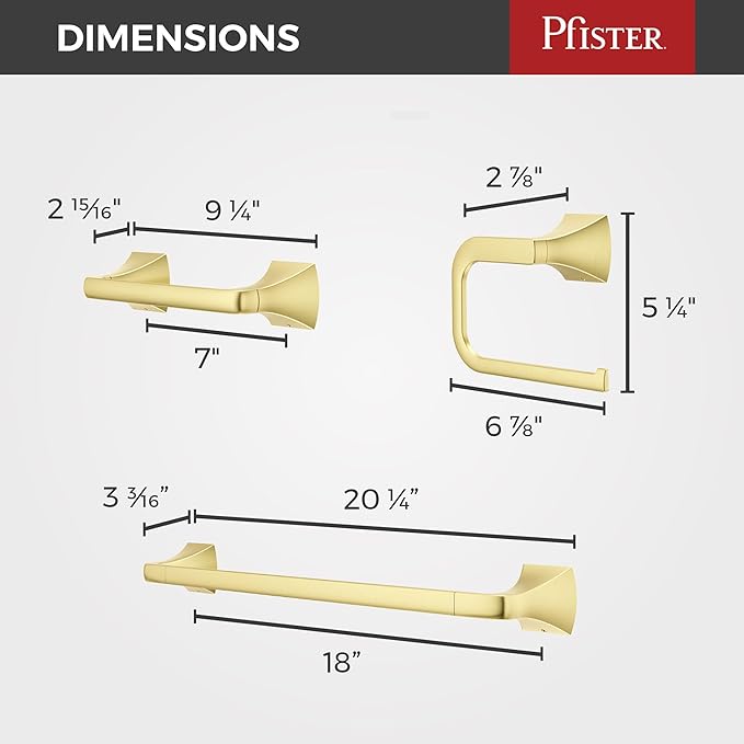 Pfister Bruxie 3-Piece Bathroom Hardware Set with Towel Bar, Towel Ring, and Toilet Paper Holder, Wall-Mounted, Brushed Gold Finish, BTBBIE3BG