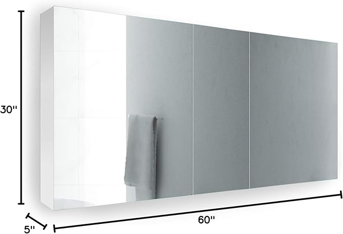 Krugg 60 Inch Tri-View Medicine Cabinet | Recess or Surface Mount | Blum Hinge 170 Degree Soft Close | (60"x30"