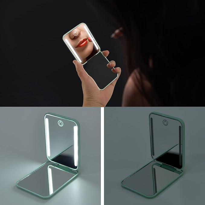 Kintion Rechargeable Pocket Mirror, Double Sided 1X/3X Magnification Compact Vanity Mirror, 3 Color Lights, Dimmable, Small Portable Wallet Mirror, Lighted Travel Mirror for Women Gifts, Cyan