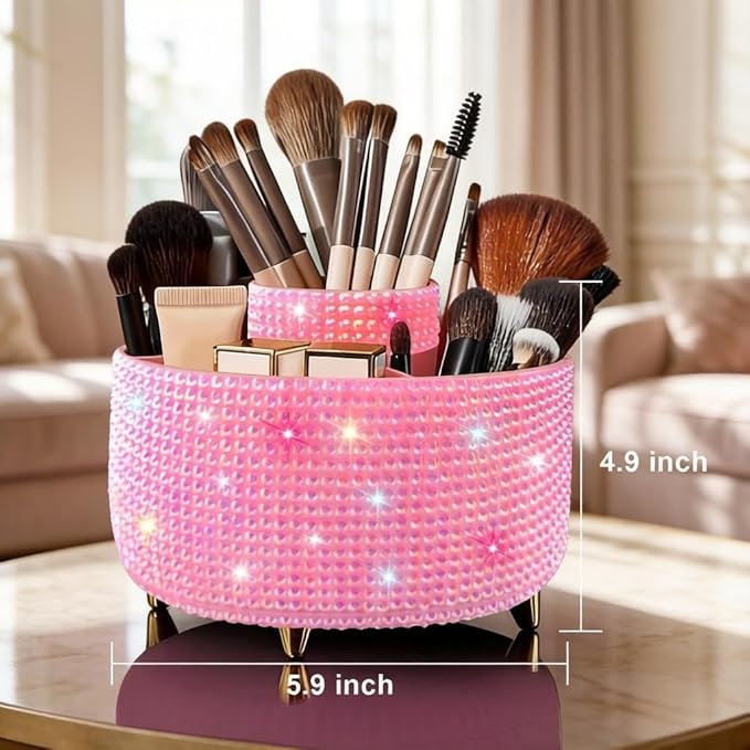 Bling Makeup Brush Holder,360° Rotating Makeup Brush Organizer,5 Slot Make up Brushes Cup for Cosmetics,Large Capacity,For Nail Polish, Art Supply, Bathroom Vanity,Cosmetics Organizer,Diamond Pink