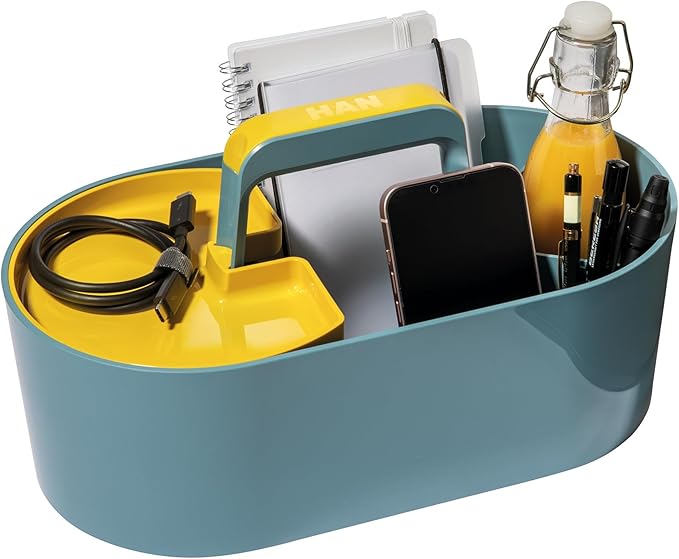 HAN Toolbox Loft Plastic Basket with Handle, 4 Compartments Desk Basket, Cleaning Basket, Craft Basket, Storage for Utensils, Blue, 1200-44