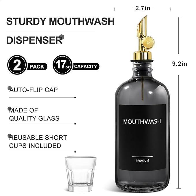 Mouthwash Dispenser for Bathroom, Glass Mouthwash Dispenser with Cup, Mouth Wash Container Bottle with Cup, Refillable Mouthwash Decanter, Clear Blear,17oz 2 Pack