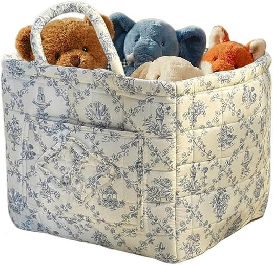 Quilted Fabric Basket Car Storage Basket Boho Floral Laundry Hamper for Nursery Bedroom & Living Room | Organize Clothes Toys