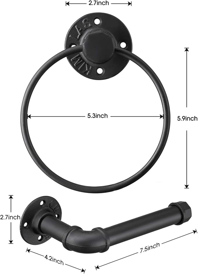 Industrial Black Toilet Paper Holder and Towel Ring, Bathroom Hardware Set, Wall Mounted Hardware Accessories, Includes Pipe Towel Rack Towel Ring, Matte Black Iron Finish for Bathroom 2PCS