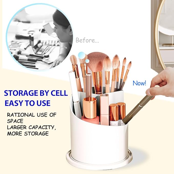 Makeup Brush Holder with Lid, 360 Rotating Multifunction Clear Dustproof Skincare Cosmetic Tools Storage Organizer for Vanity Desktop Bathroom Countertop (White)