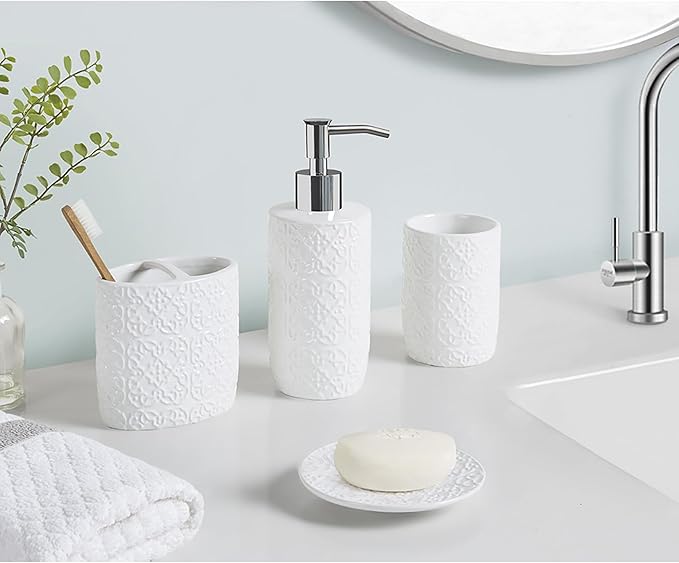Martha Stewart Ceramic Bathroom Accessories Set, Vanity Decor Storage Organizer, Embossed Damask Medallion, Lotion/Soap Dispenser, Toothbrush Holder, Tumbler, Trinket Dish, Assorted Sizes White