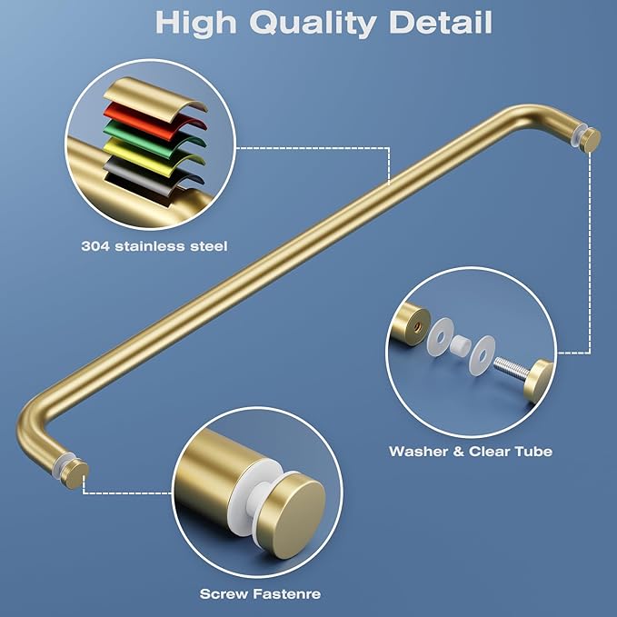 Ranbo Glass Shower Door Towel Bar 24 Inch Stainless Steel Sliding Shower Door Handle Replacement with Brass Gold Finish for Commercial and Residential Glass Doors