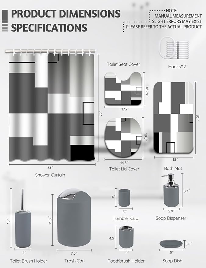 Lnond Grey Bathroom Set, 22-Piece Orange Geometry Bathroom Decor Set with with Shower Curtain and Rugs, Trash Can, Toilet Brush Holder Set & Soap Dispenser