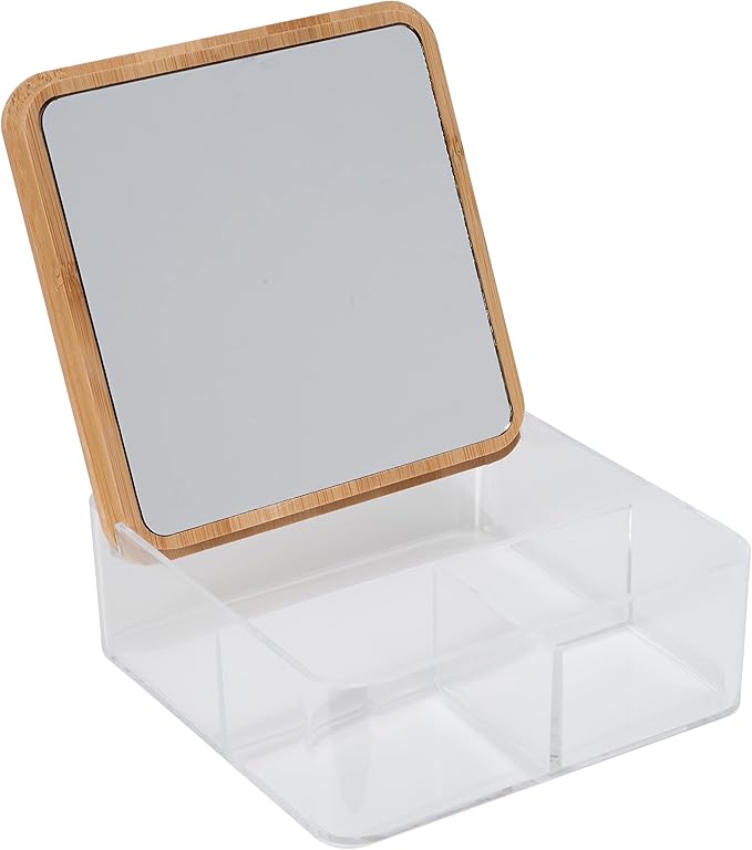 Simplify 3 Compartment Organizer with Bamboo Lid | Mirror | Perfect for Jewelry | Cosmetics | Accessories | Vanity & Countertop | Keepsake Storage Box | Clear