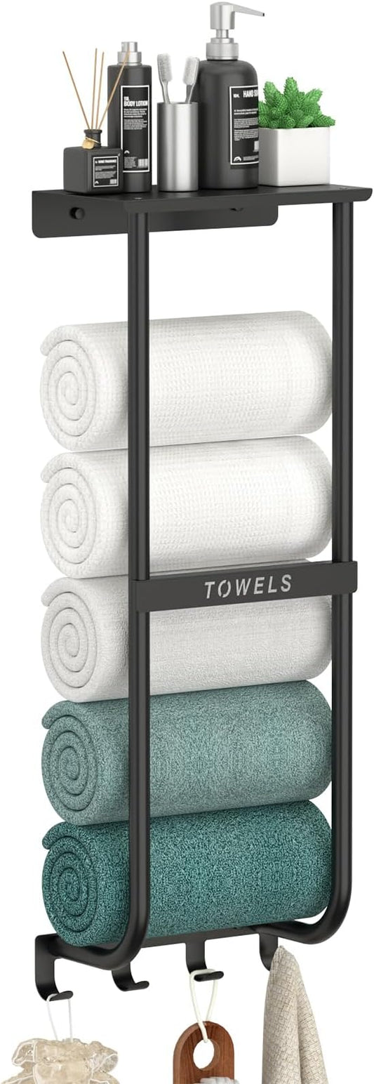 Towel Rack for Bathroom, Black Metal Wall Mounted Towel Holder with Shelf and 4 Hooks, Bathroom Towel Storage Organizer