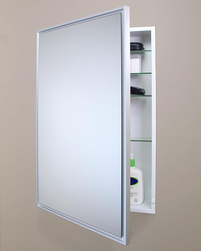 Fox Hollow Furnishings 20x30 Parker Metro Metal Framed Rectangle Recessed Bathroom Medicine Cabinet, Floating Mirror, 18x28 in-Wall Opening, Adjustable Glass Shelves, Magnet Close, Brushed Nickel