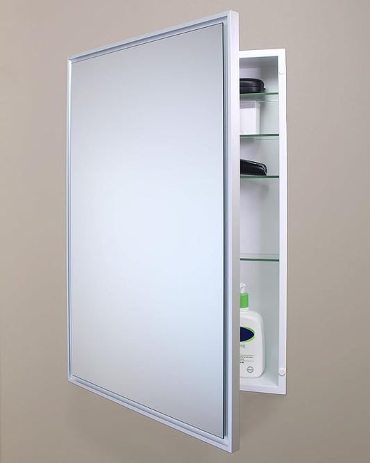 Fox Hollow Furnishings 20x30 Parker Metro Metal Framed Rectangle Recessed Bathroom Medicine Cabinet, Floating Mirror, 18x28 in-Wall Opening, Adjustable Glass Shelves, Magnet Close, Brushed Nickel