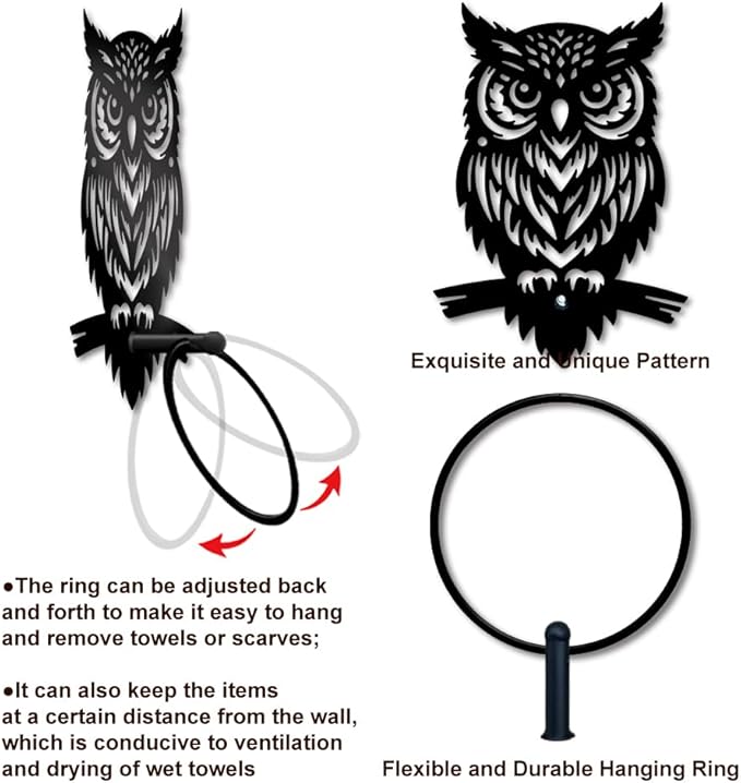 MAYJOYDIY Owl Metal Towel Ring Antique Night Owl Hand Towel Holder Round Animal Birds Towel Hangers Black Bathroom Towel Rack Wall Mounted for Kitchen Bath Home Laundry Room Decors Gifts