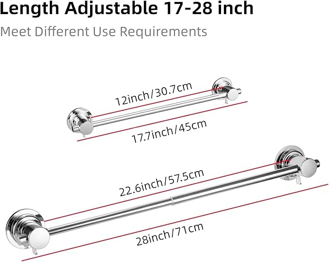 JiePai 17-28” Extendable Suction Cup Towel Bar - Rustproof Adjustable Bath Towel Rack, No Drilling Removable Vacuum Towel Rail for Bathroom, Shower Door (Suction Cup, Chrome)