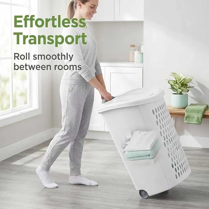 (1-Pack) Wheeled Laundry Basket - 135 Liters Large Capacity - White Plastic with a Cover and Extendable Handle, Suitable for Homes, Dormitories,Laundry Rooms and Apartments.