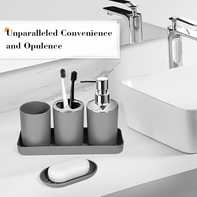 Grey Bathroom Accessories Set, 10Pcs Bathroom Accessory Set with Trash Can, Soap Dispenser and Toothbrush Holder, Soap Dish, Cotton Ball & Qtip Holder, Toilet Brush Holder, Tissue Box Cover
