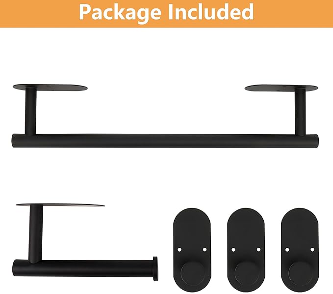 TocTen 5 Pieces Wall Mounted or Self Adhesive Towel Bar Set, Stainless Steel Bathroom Hardware Set Include 16″ Towel Rack, Toilet Paper Holder, 3 Towel Hook, Sticky Bathroom Accessory Kit (Black)