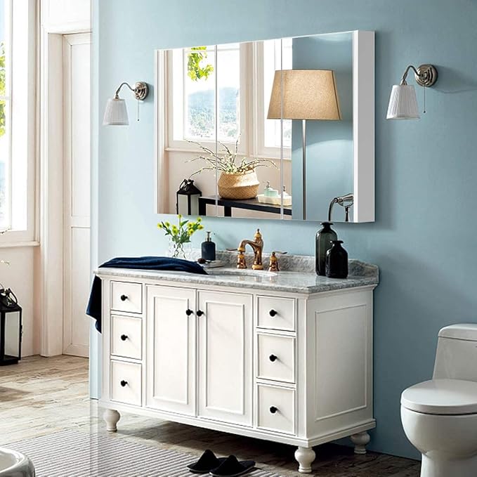 GLACER Large Mirrored Medicine Cabinet, Bathroom Wall Mounted Storage Cabinet with Triple Mirrored Doors, Ideal for Bathroom, Living Room, 36 x 4.5 x 25.5 inches (White)