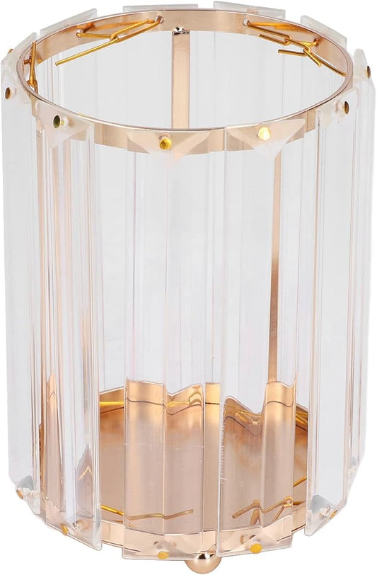 CDQL Cosmetic Brush Holder, Transparent Glass, Round Decorative Box, Pen Storage Organizer, Desktop Makeup Brush Container for Vanity (Gold)