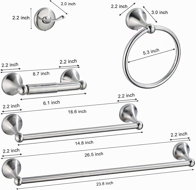 Newfun 8-Pieces 24 Inch Brushed Nickel Bathroom Hardware Set, Bathroom Accessory Set, Includes 24" Adjustable Bath Towel Bar, Towel Rings Wall Mounted, Toilet Paper Holder, Robe Towel Hooks