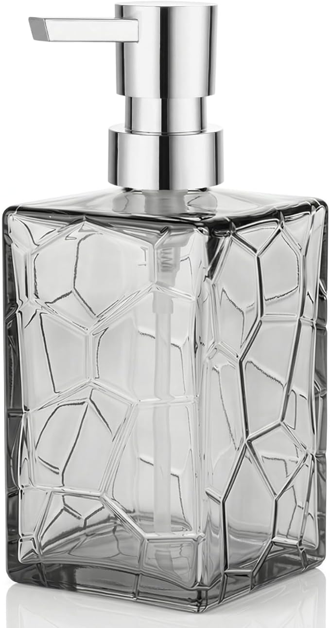Gray Glass Soap Dispenser with Pump Geometric Texture Refillable Decorative Hand Soap Dispenser for Bathroom Kitchen Countertop