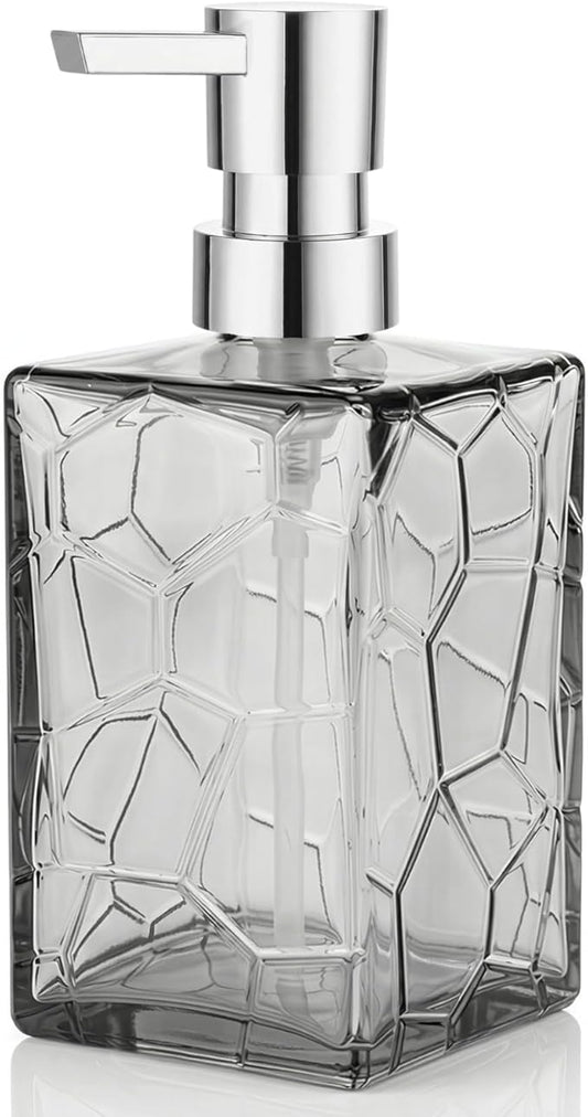 Gray Glass Soap Dispenser with Pump Geometric Texture Refillable Decorative Hand Soap Dispenser for Bathroom Kitchen Countertop