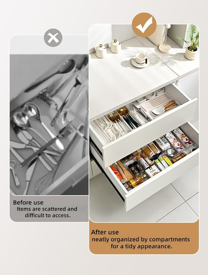 Removable Drawer Storage Box with Four Sides - Multi-Function Storage Box for Organizing Make-up, Kitchen Utensils, Bathroom and Desktop Drawers (Clear)