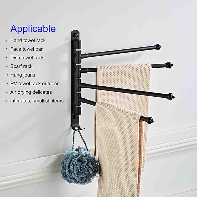 Swivel Towel Rack 4 Tier Face Towel Bar 12 Inch Bathroom Door Towel Rack Drying Rack for Towels Socks Wall Towel Racks (Stainless Steel, Black 4-Arm)