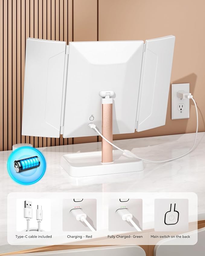 Trifold Vanity Mirror with Lights, 1X/2X/3X Magnification Makeup Mirror, 9" L x 14" W Large Desk Mirror, Ideal for Mom, Wife, Women & Teens