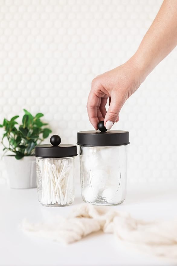 Jarmazing Products Ball Mason Jar Bathroom Gift Set (4 pcs) - Lotion/Soap Dispenser, Toothbrush Holder, Q-Tip Storage Jars - Farmhouse Home Decor for Vanity Organization - Luxury Accessories - Black