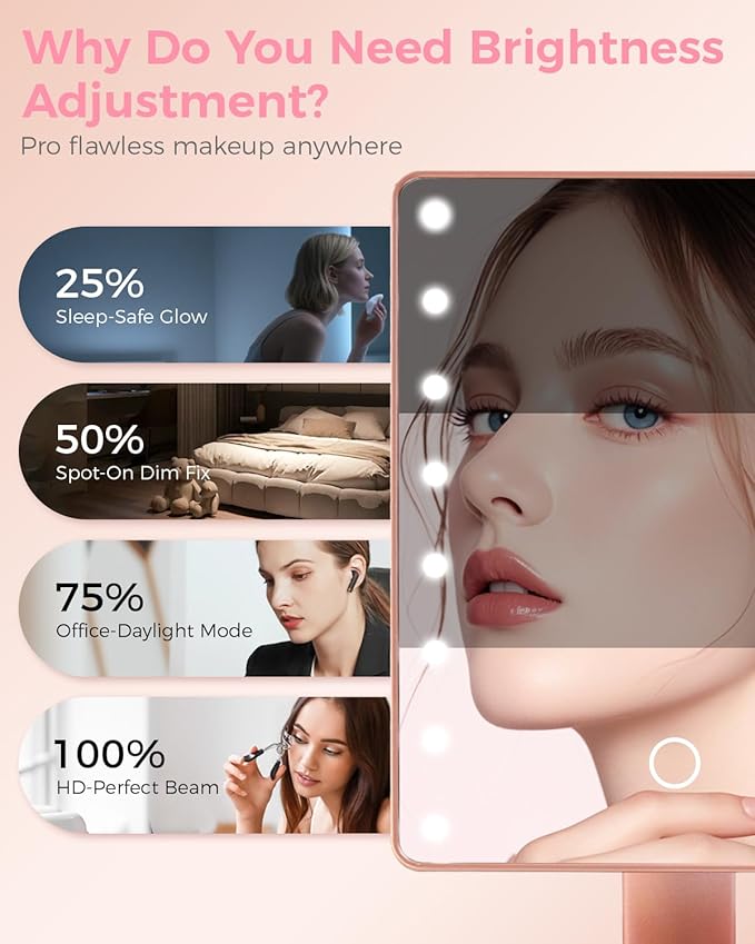 Lighted Makeup Mirror with Lights, Vanity Mirror with Lights, 16 LEDS Dimmable Desk Mirror with Light, Dual Power Supply, Gifts for Teenage Girls, Dorm Room Essentials for College Student (Rose Gold)