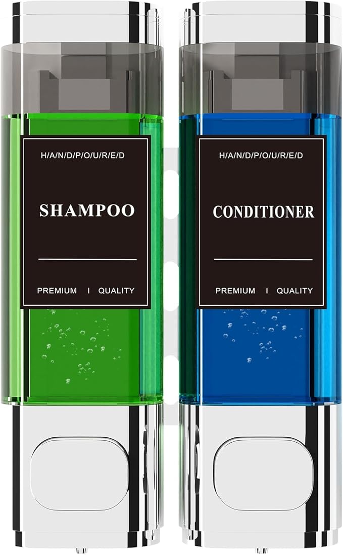 Shampoo and Conditioner Dispenser – Wall-Mounted Shower Soap Dispenser, No-Drill Installation, Lockable, 900 ml Capacity,for Bathroom & Hotel or Airbnb (Electroplated Silver, 2-Pack)