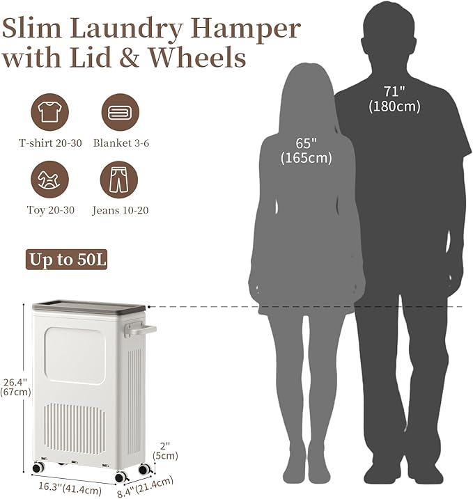 HAIXIN HOME Slim Laundry Hamper with Lid, 50L Plastic Tall Laundry Basket with Wheels, Compact Size for Narrow Space, Rolling Laundry Cart with Handle for Easy Transport to Laundry Room (2 Pack)