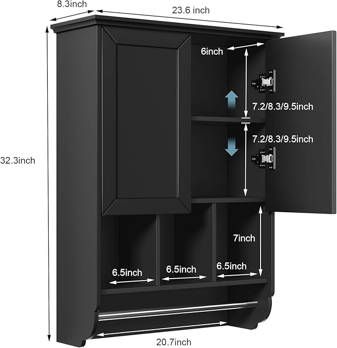 VANIRROR Bathroom Wall Cabinet with Towel Bar,Wooden Medicine Cabinet Adjustable Shelves,23x32 Inch Kitchen Cabinet,Over Toilet Storage Cabinet for Bathroom,Kitchen,Laundry