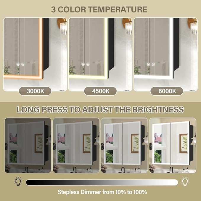 LED Medicine Cabinet,30x32inch,Recess Mirror Cabinet for Bathroom,3 Colors,Dimmable,Demister, Detachable Side Panel for Recess Mount or Surface Mount,USB Shaver Socket, Internal Lighting