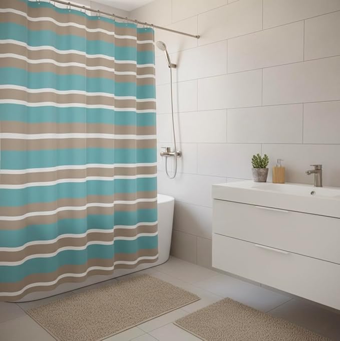 Serafina Home Striped Fabric Shower Curtain, Aqua Brown White Coastal Design, 70 x 72 Inches, with Hooks