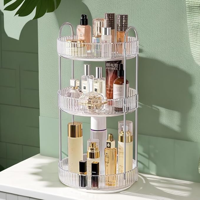 360° Rotating Makeup Organizer for Vanity, Cosmetic Display Case, 3 Tire Large Capacity Cosmetic Storage Shelf, Beauty Organizer for Skincare, Perfume, Sundries, and Makeup Display (Transparent)