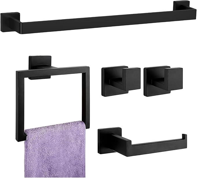 Matte Black Bathroom Hardware Accessories Set of 5 Pieces, 23.6 Inch Bath Towel Bar Set, 304 Stainless Steel Bathroom Hardware Set, Towel Racks for Bathroom Wall Mounted