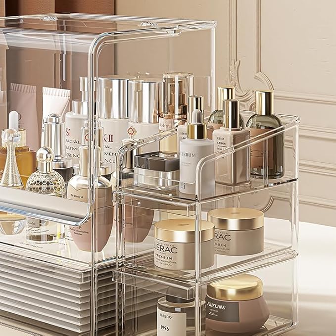 Makeup Organizer with Lid Drawers Translucent Skincare Holder Large Capacity Cosmetics Countertop Storage Box for Vanity Easy Visibility Dustproof (Silver Dark,Large + Brush + Cream Organizer)