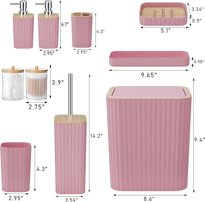 XLHOMO Bathroom Accessories Set - Elegant Pink Bathroom Set, 10PC Bathroom Accessory Set, Toilet Brush, Bathroom Trash Can