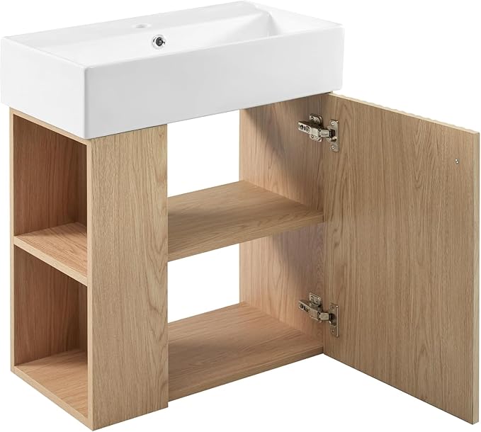 Virubi 21.6 in Floating Bathroom Vanity with Sink,Soft Closing Doors,Solid Wood Frame & MDF Modern Single Small Natural Wood Bathroom Vanity Cabinet with Open Shelf,Wall Mounted