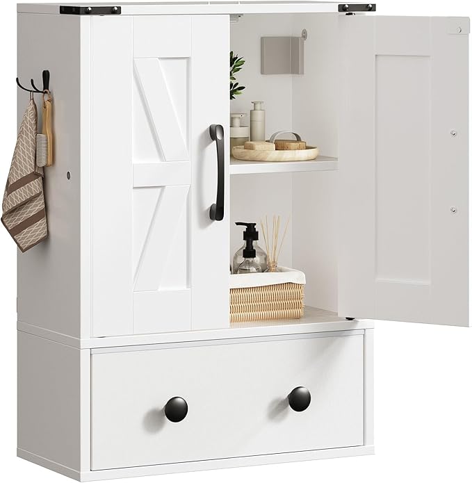 YATINEY Bathroom Wall Cabinet, Medicine Cabinet with Fabric Drawer, Double-Door Wall Mounted Storage Cabinet, 2 Hooks, Over The Toilet Space Saver Storage Cabinet, for Bathroom, Kitchen, White