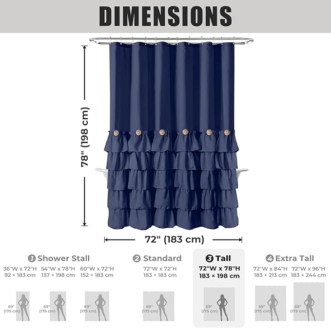 Seasonwood Navy Blue Shower Curtain for Bathroom Ruffle Shower Curtain 72 X 78 Inches Farmhouse Shower Curtains with Buttons & Blue Ruffles