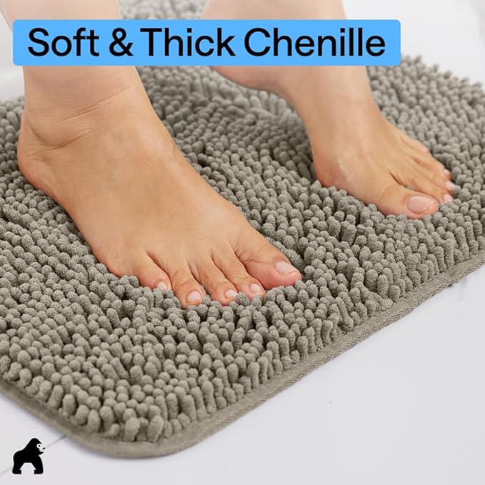 GORILLA GRIP Plush Absorbent Shaggy Chenille Bath Rug Mat for Square Toilet Base with Rubber Backing, Machine Washable Rugs, Soft Microfiber Contour Mats for Toilets, Bathroom Decor, Latte