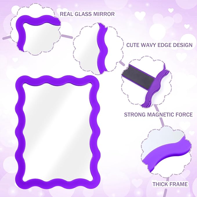 Leinuosen 1 Pcs Scalloped Magnetic Locker Mirror Small Real Glass Makeup Mirror with Magnetic Backing Cute Locker Decorations for Office Cabinet Lockers Accessories (5 x 7 Inch,Dark Purple)