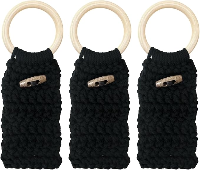 Aerbee Macrame Towel Holder Ring, 3PCS Kitchen Towel Hooks for Kitchen & Bathroom, Decorative Boho Style Kitchen Oven Towel Hanger Loop Ring, Unique Gift for Christmas, Black